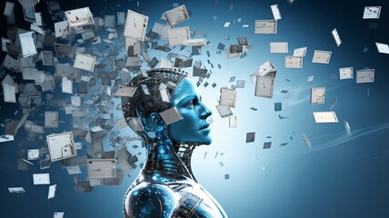 machine learning through imagery of robot and human hands interacting with big data icon against a backdrop of interconnected information networks.