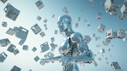 machine learning through imagery of robot and human hands interacting with big data icon against a backdrop of interconnected information networks.