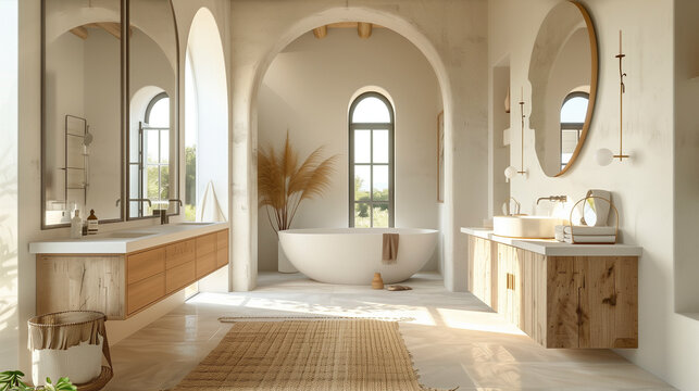 Mediterranean interior design of modern spacious bathroom with rustic elements and arched windows
