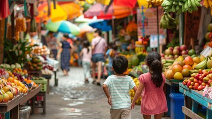 Two children run hand in hand through a lively street market backs facing the camera delightedly...