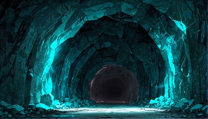 Naklejka premium teal lighting cave tunnel art anime cartoon style background from Generative AI