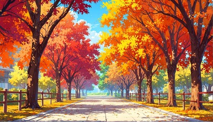 walkway in park at autumn art anime cartoon style background from Generative AI