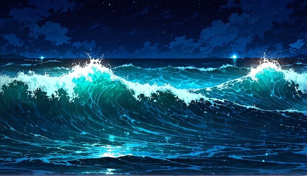 water waves at night art anime cartoon style background from Generative AI