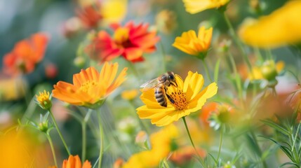 A close-up of a honeybee pollinating vibrant wildflowers in spring