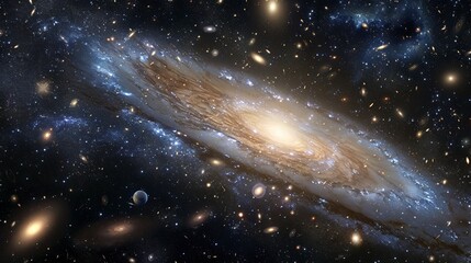 Fototapeta premium Within the cosmic arena, the close proximity of dwarf galaxies and globular clusters adds a layer of complexity to the cosmic tapestry, enriching our understanding of the universe's vastness.