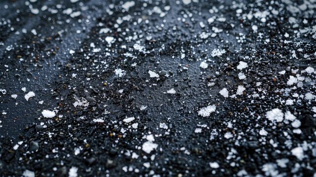 Natural background and wallpaper with dark colored frozen asphalt texture and white snow particles