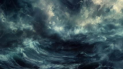 A stormy abstract seascape, where chaotic strokes and dark colors evoke the power and tumult of the ocean in upheaval - obrazy, fototapety, plakaty