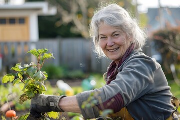 woman happily gardening in her backyard