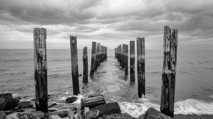 Decayed wooden poles at ancient pier