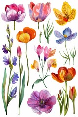 Obraz premium Vivid watercolor clipart of spring flowers, perfect for projects, isolated