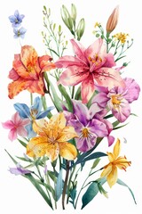 Bunch of bright spring flowers in watercolor, isolated on white