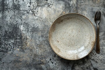 Empty ceramic round plate on dark textured concrete background. Cutlery, preparation for dinner - generative ai