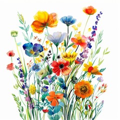 Fototapeta premium Summer wildflower explosion, vivid watercolors isolated on white