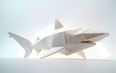 Fototapeta na wymiar Paper Origami shark in flat style isolated on white. The art of paper folding