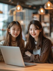 Portrait of two happy young Asian business women working together with laptop in the tunsten office, They are wearing business blouse and long hair wear suit.