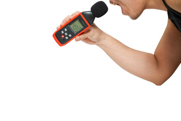 Asian man hand holding sound level meter on white background,sound meter holding