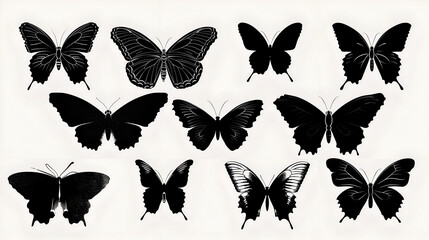 Fototapeta premium Silhouettes of various butterfly shapes in different angles and positions