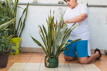 environmentally conscious child Watering plants in the urban garden
