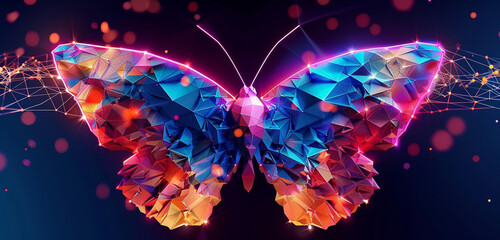 Low poly butterflies with neon wings, symbolizing the beauty and fragility of digital communication networks
