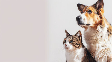 A dog and a cat sitting together on the right side with a light background The left side of the image is empty