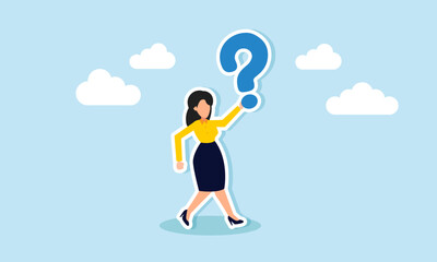 Business inquiry, uncertainty, creative solutions, and problem solving to navigate ambiguity, concept of Confident businesswoman holds a large question mark, contemplating solutions