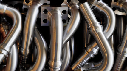 Shiny steel parts background. Regular industrial metal production pattern with selective focus.High...