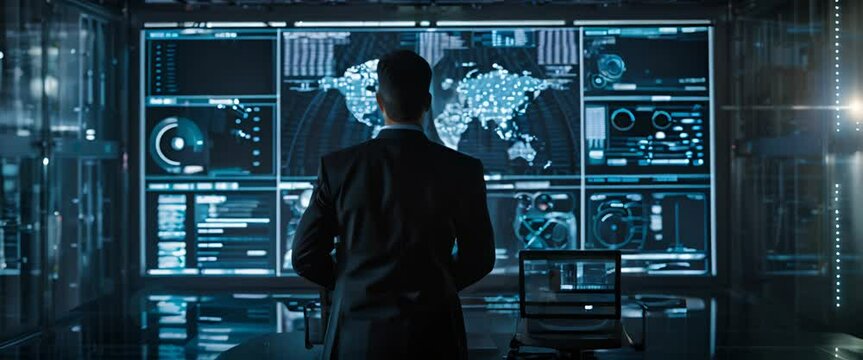 Businessman analyzing holographic demographic trends, dark, immersive demographic research lab setting