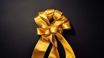Symbolic textured gold ribbon trophy award on black background in copy space