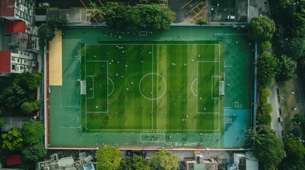 Aerial view of a soccer field during a match