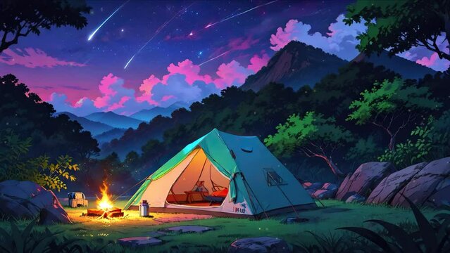Mountain campsite scene at twilight, featuring a flickering bonfire, a pitched tent, and a majestic mountain range in the background, rendered in a charming cartoon style.