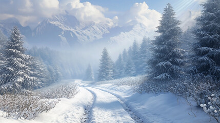 Snowy mountain path in winter forest. Winter mountain landscape with snow covered panoramic image (1) - Powered by Adobe