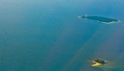 Aerial view of Thousand Islands with a blue sea background