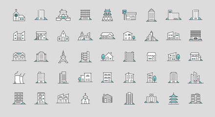 色々な建物のラインアイコン45点セット