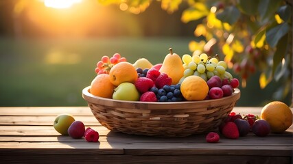 Fruit basket on a wooden table with a setting sun