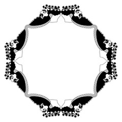 Geometrical ethnic frame with heads of a bearded ancient Greek Satyrs wearing ivy wreaths. Vase painting style. Black and white silhouette. - obrazy, fototapety, plakaty