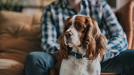 a man sittning in meeting thinking about his welsh springer spaniel dog - obrazy, fototapety, plakaty