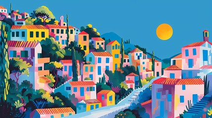 Colorful modern Greek architecture illustration poster background