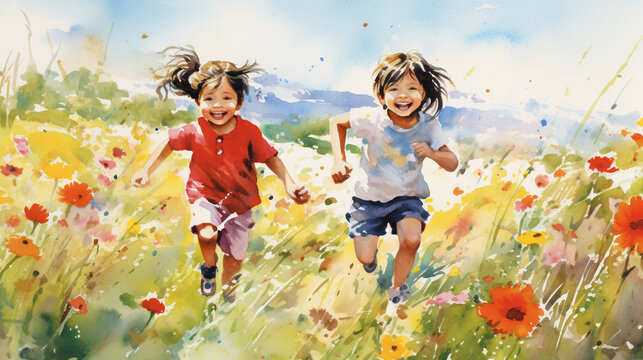 Children Playing in Colorful Korean Grass Flower Meadow: Joyful children running through a meadow dotted with bright Korean grass flowers, ideal for family-oriented and happiness-themed stock photos