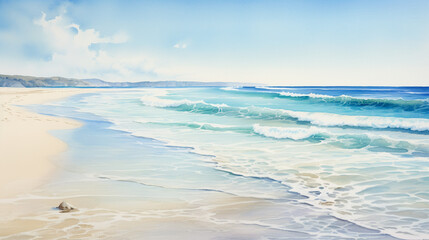 Panoramic view of a pristine beach with crystal clear waves and fine sand, ideal for relaxation and tranquility