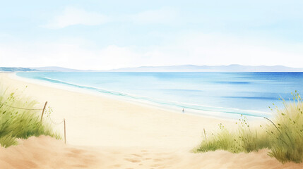 Fototapeta na wymiar beautiful beach, pristine coastline, cartoon drawing, water color style,