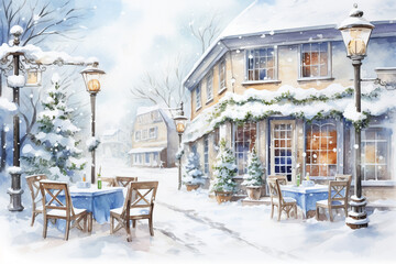 White Cafe, Winter Town Scene: A snowy scene outside a white cafe in a small town, evoking the coziness and quiet of winter days, perfect for seasonal themes and holiday marketing