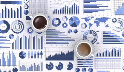 ビジネスチャートとコーヒーカップ、商談イメージ