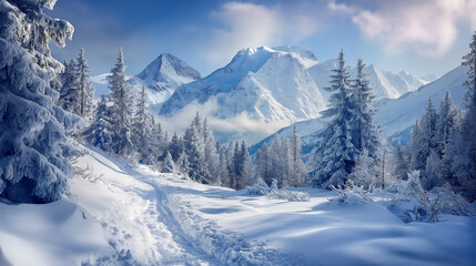 Snowy mountain path in winter forest. Winter mountain landscape with snow covered panoramic image (1) - Powered by Adobe