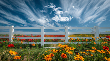 Sure, here is a description for an image combining elements from your query:  A wooden fence separates a colorful summer meadow from a field under a blue sky