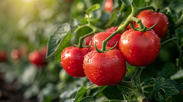 A cluster of ripe red tomatoes fresh from the vine adds a touch of nature's bounty to a summer garden