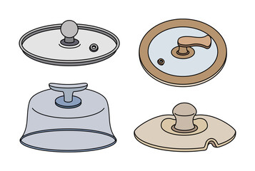 Lids vector icon set. Simple kitchen covers made of stainless steel, iron, ceramics, wood, plastic. Round caps with holes for steam. Tableware for cafes, dining, restaurant. Hand drawn cooking clipart