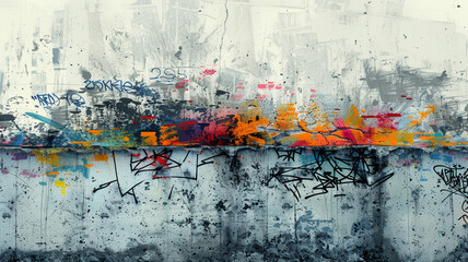 The stark beauty of a distressed concrete landscape, softened by the spontaneous burst of colors from graffiti tags, creating a compelling abstract background