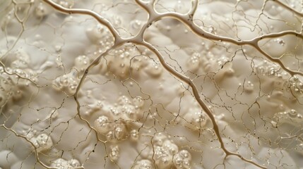 A field of fungal threads spreading across a petri dish their delicate and intricate patterns resembling a complex network of roots - obrazy, fototapety, plakaty
