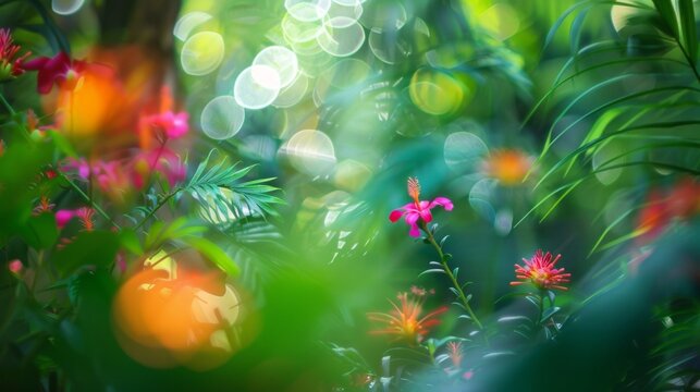 Lush Floral Blur of the Tropics Layers of lush foliage and brightly hued flowers are beautifully blurred exuding a sense of tranquility in this defocused rainforest image. .