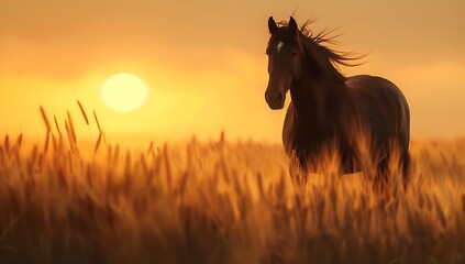 A majestic horse standing tall in the golden sunset, its mane flowing gracefully as it stands on an open field of wheat - obrazy, fototapety, plakaty